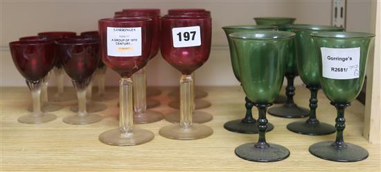 A group of 19th century coloured drinking glasses